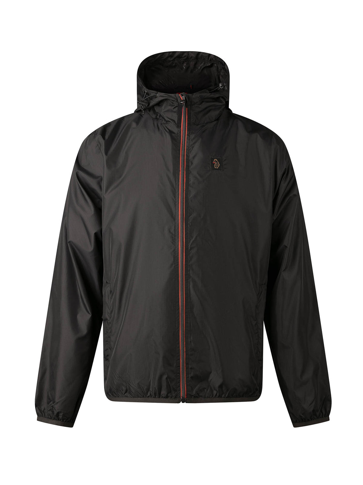 Men's black jacket with zip-up front.