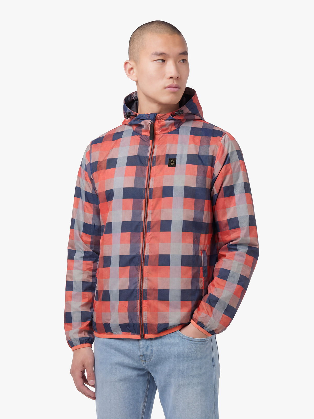 Men's orange jacket with zip-up front, front view