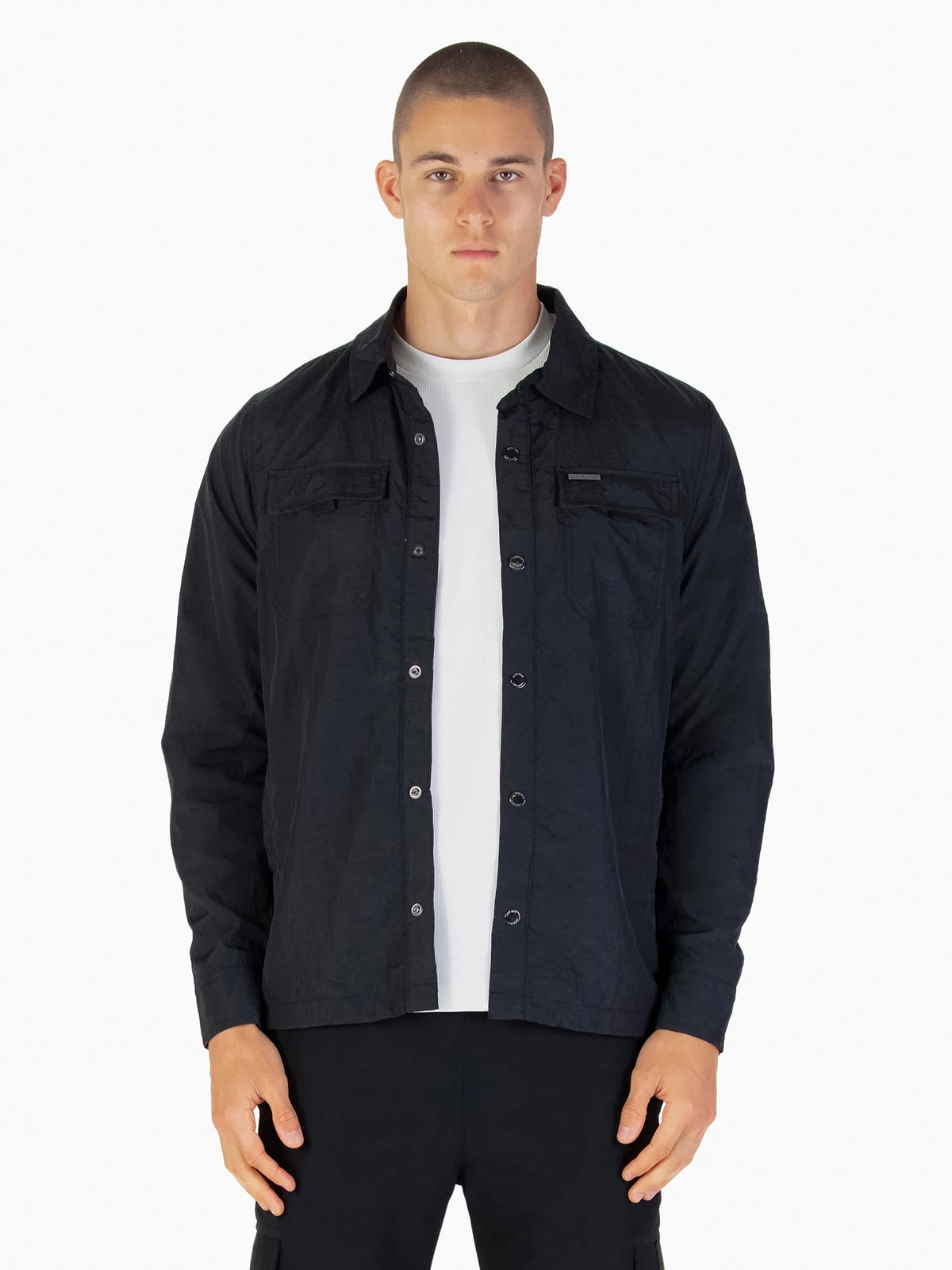 Men's black jacket with button-up front and chest pocket.