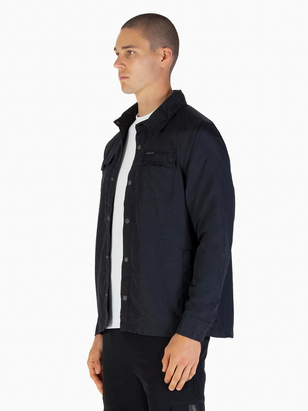 Men's black jacket with button-up front and chest pocket.