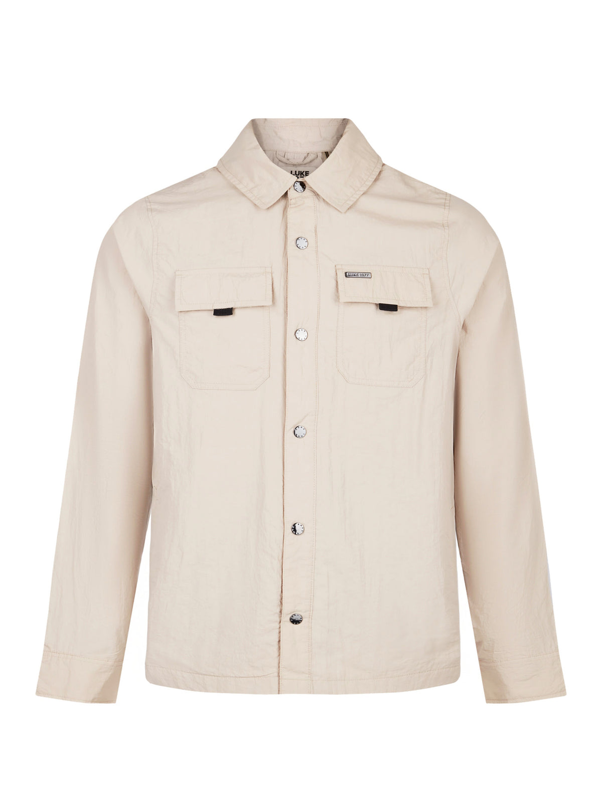 Men's beige jacket with button-up front and chest pocket, front view