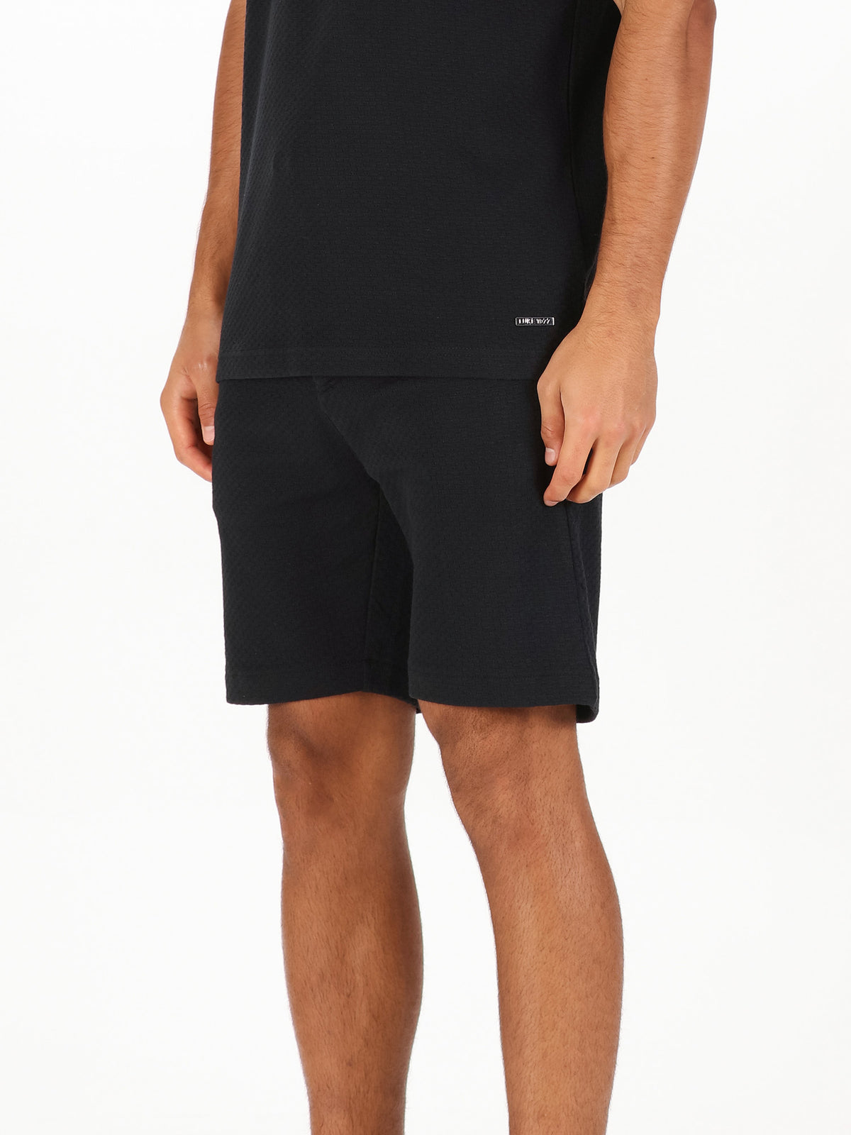 Men's black shorts with drawstring waistband.
