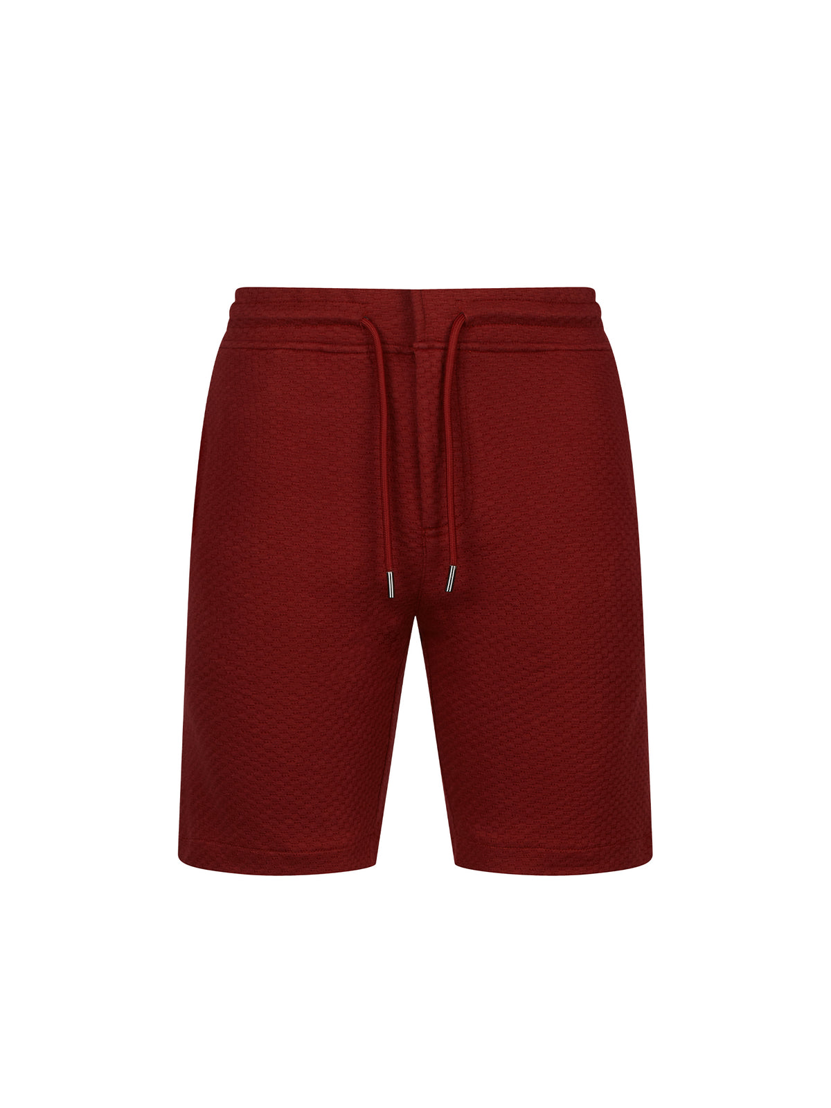 Men's red shorts with drawstring waistband.