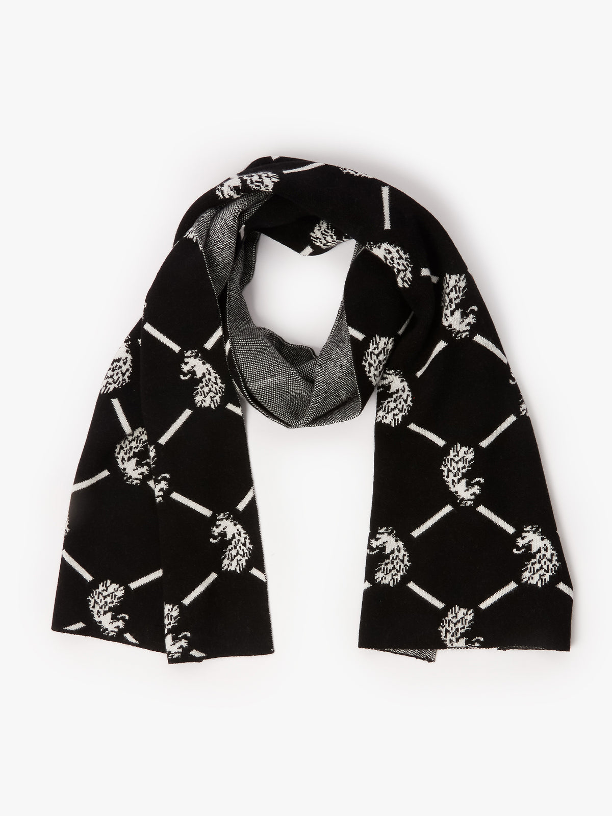 LUKE 1977 Repeat men's scarf in black with white lion head repeat pattern