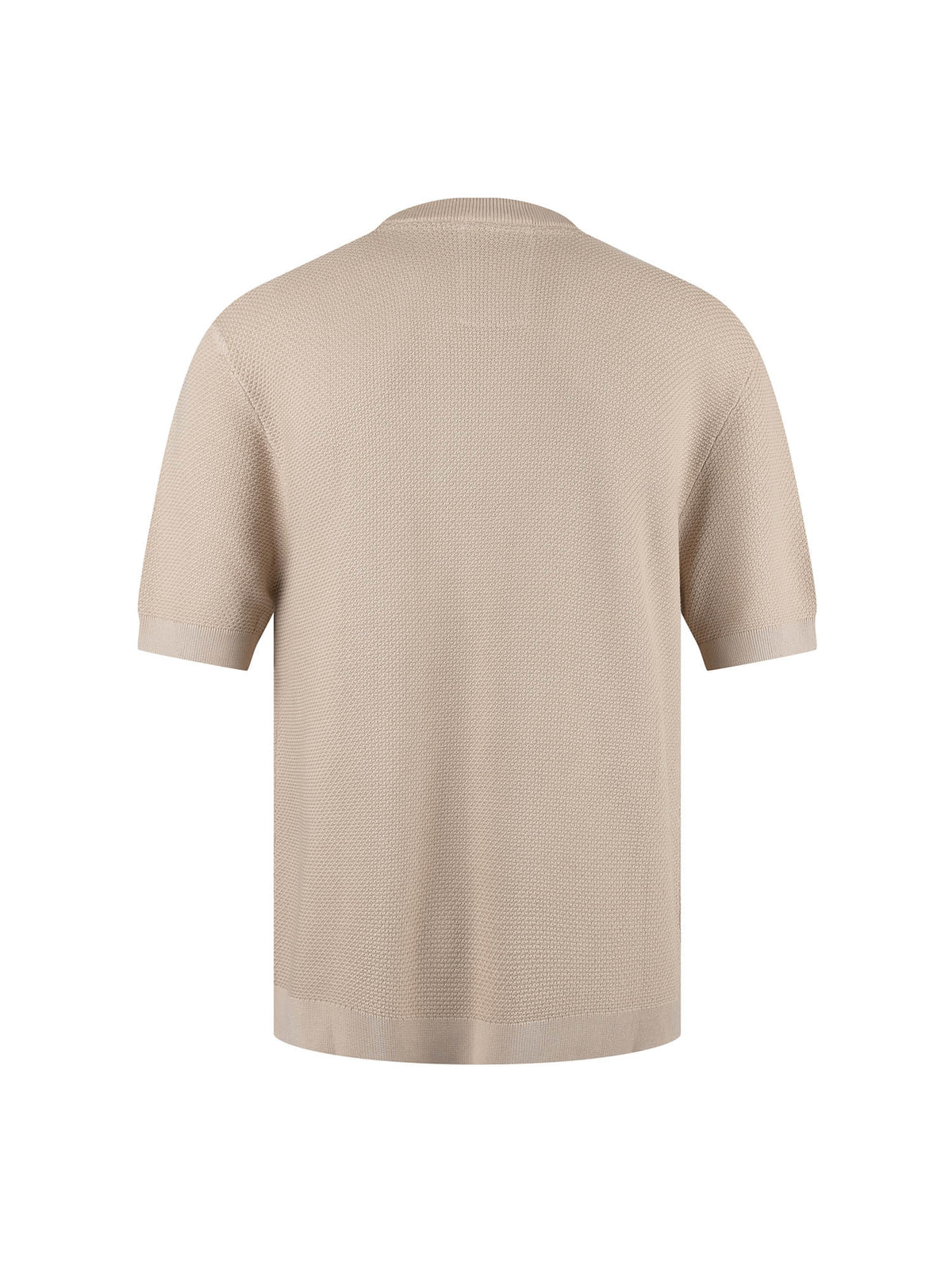 Men's beige t-shirt with crew neck and short sleeves worn by a model - front view.