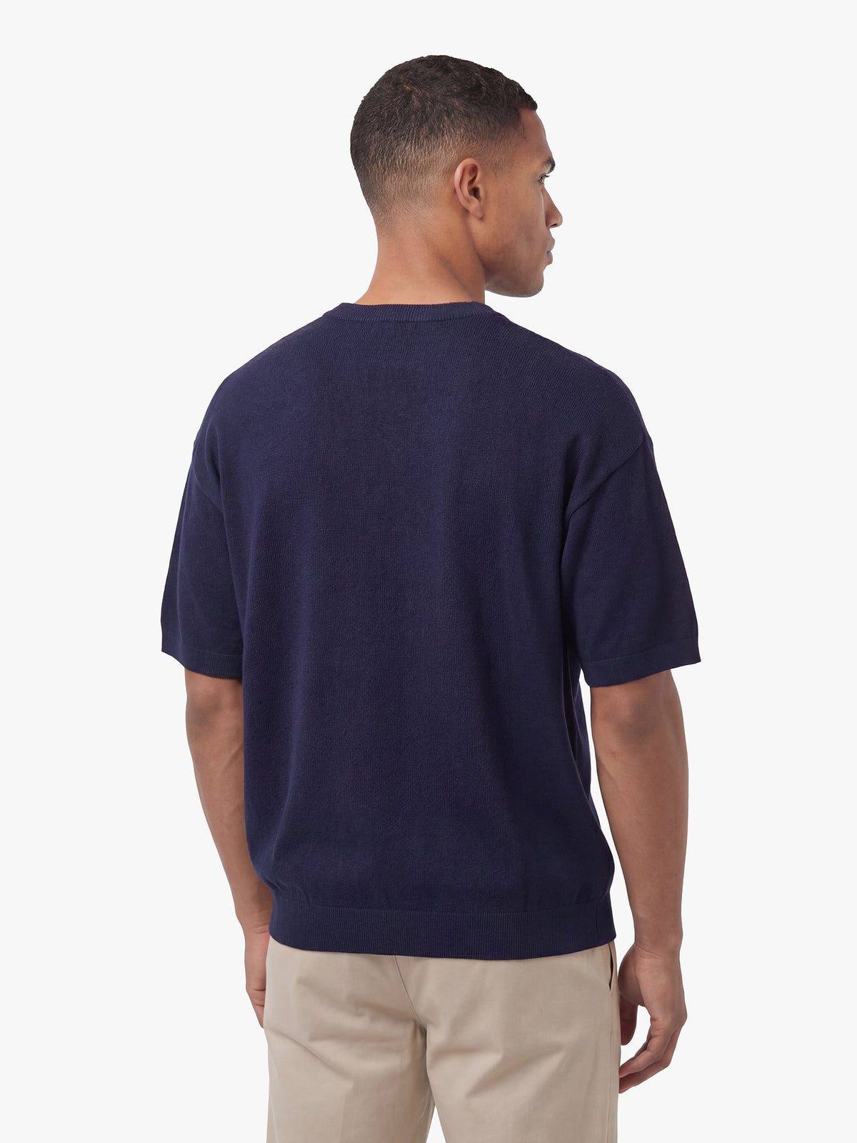 Men's relaxed-fit navy t-shirt with crew neck and short sleeves, back view