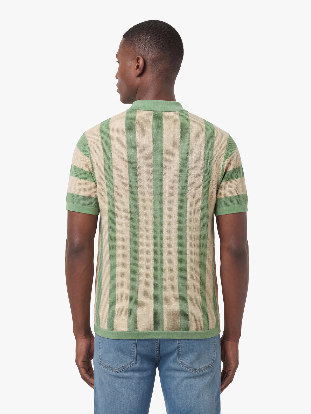 Men's green knitted polo with polo collar, back view