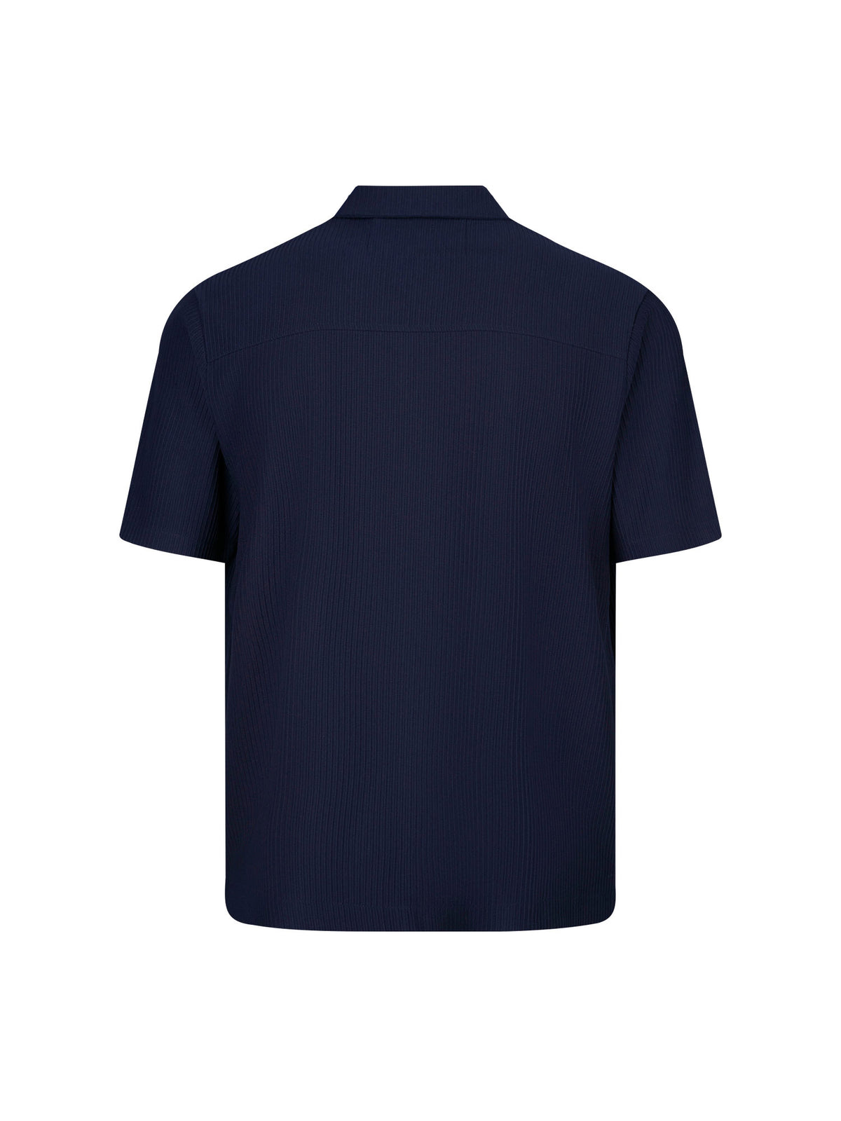 Men's relaxed-fit navy shirt with Cuban collar and button-up front, back view