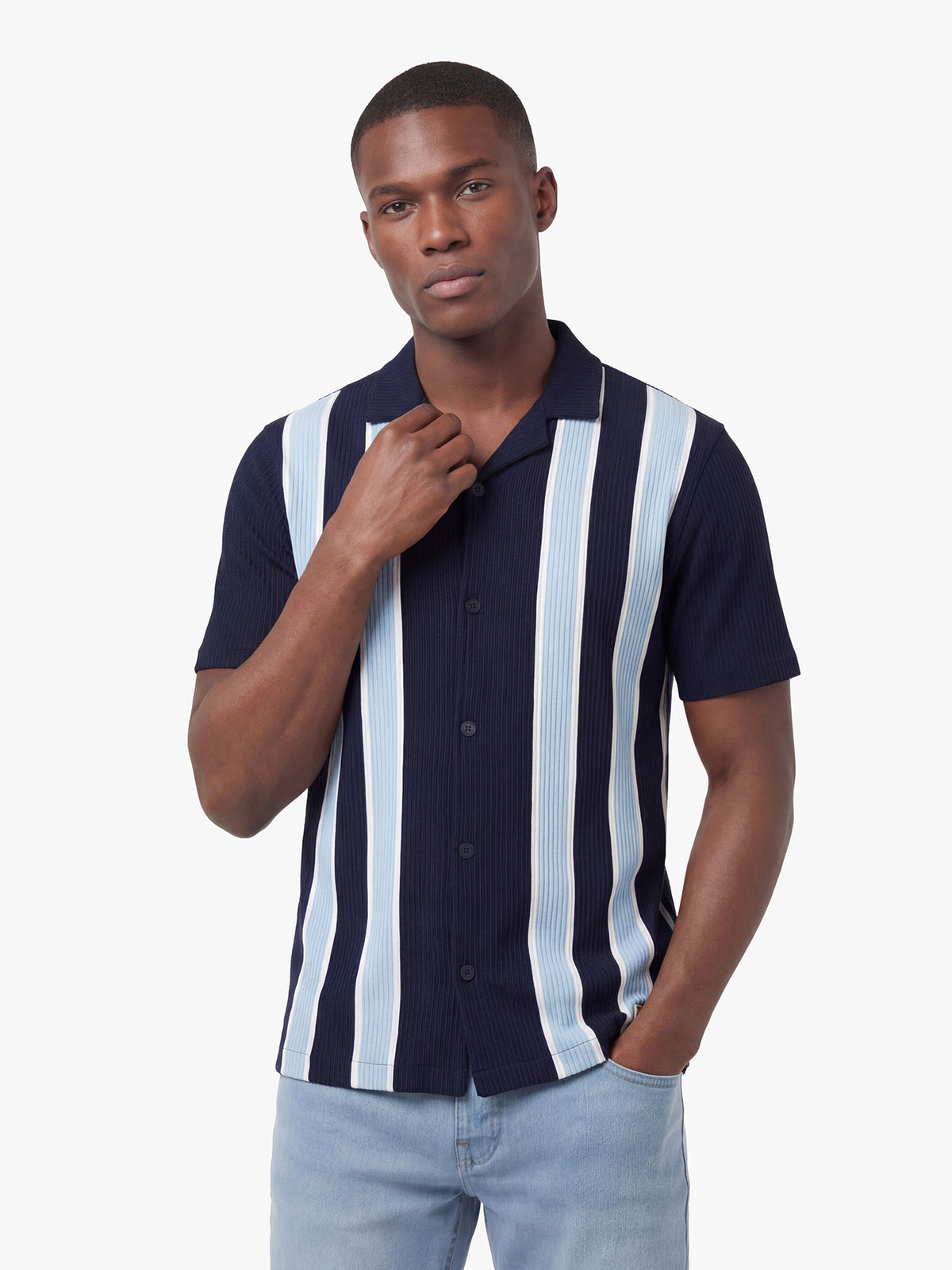 Men's relaxed-fit navy shirt with Cuban collar and button-up front, back view