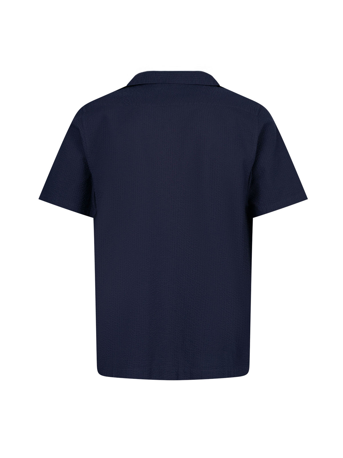 Men's navy shirt with button-up front, back view