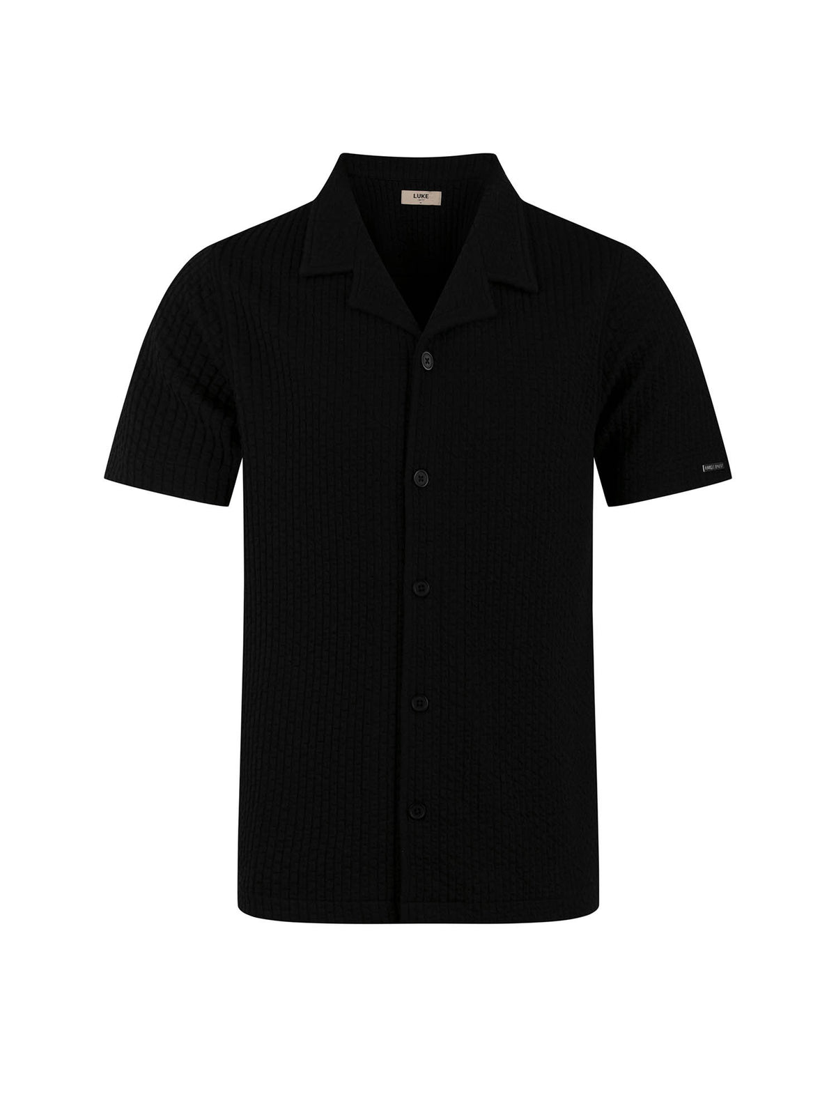 Men's black shirt with button-up front.