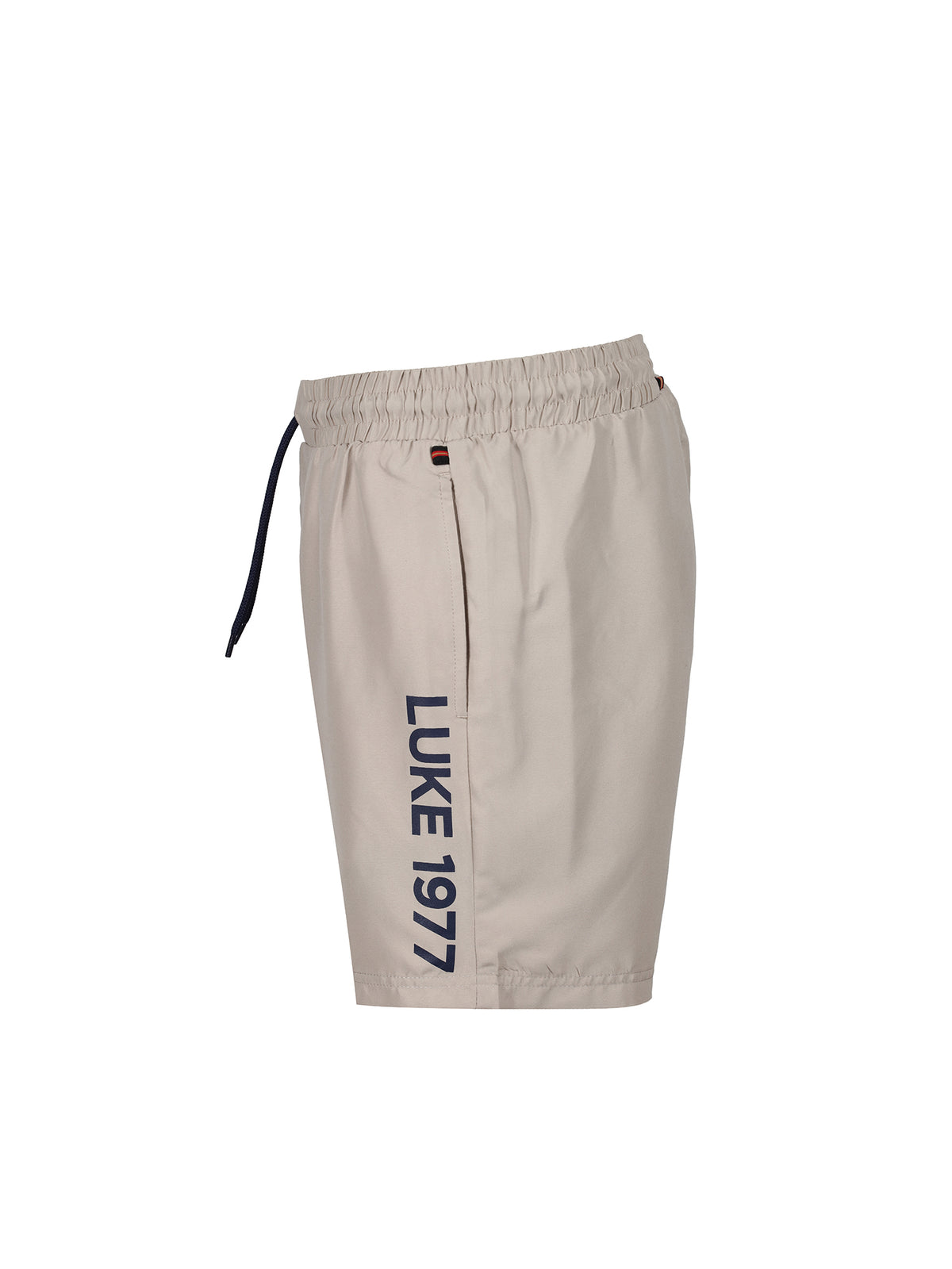 Men's beige swim shorts with drawstring waistband.