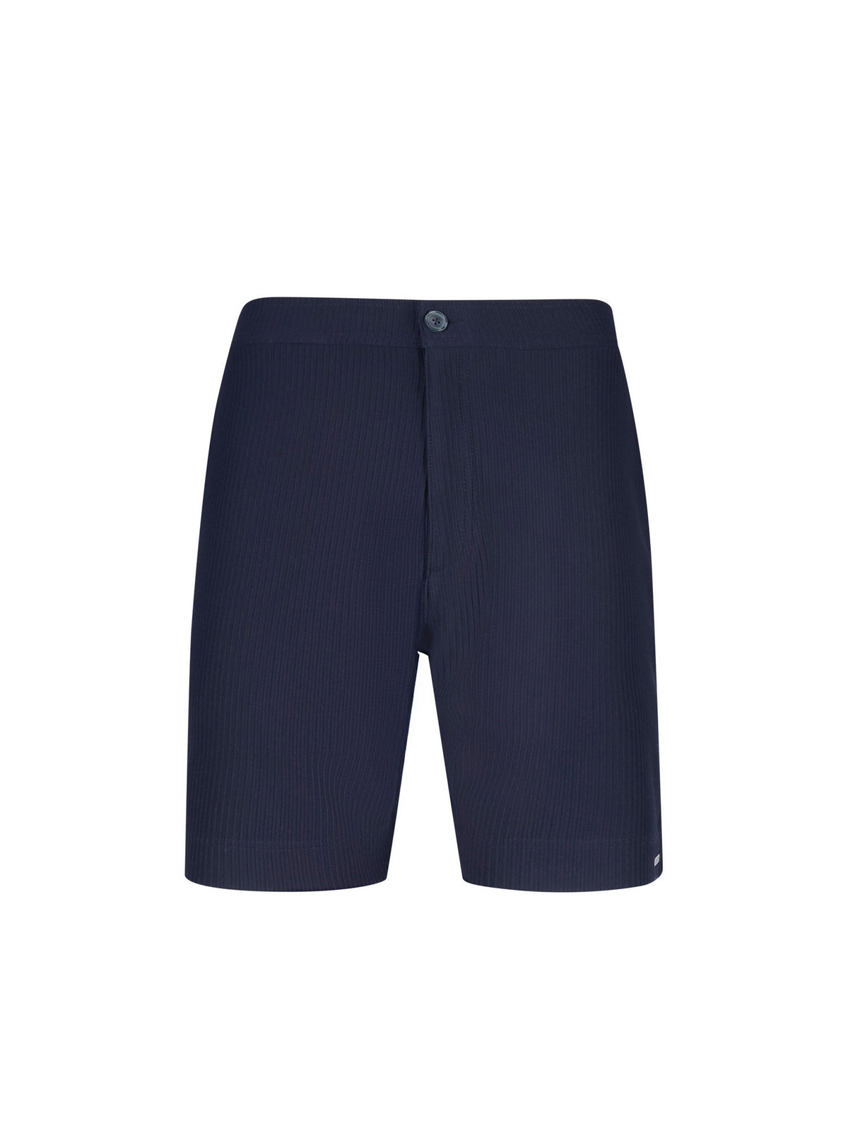 Men's navy shorts with drawstring waistband, front view