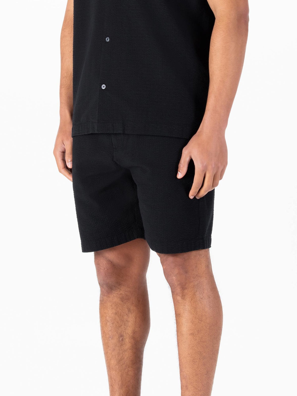 Men's black shorts with drawstring waistband.