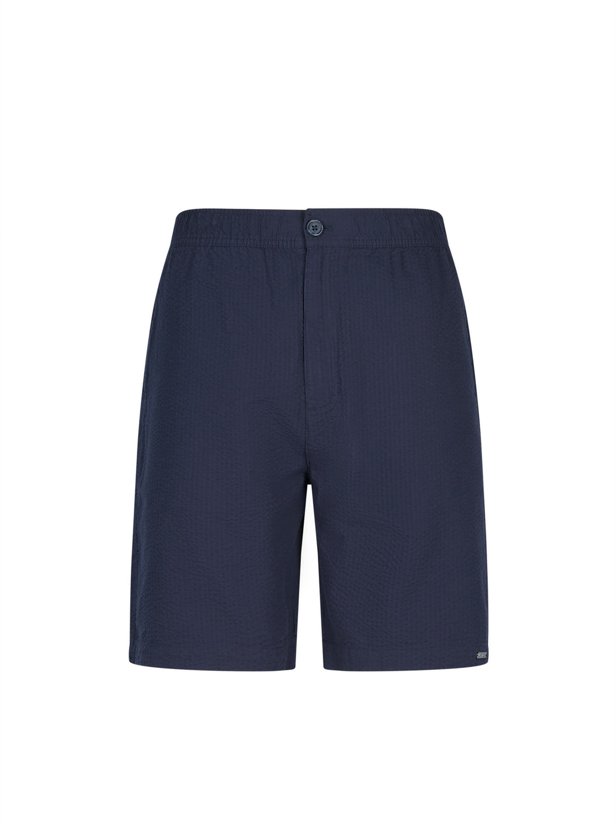 Men's navy shorts with drawstring waistband, front view