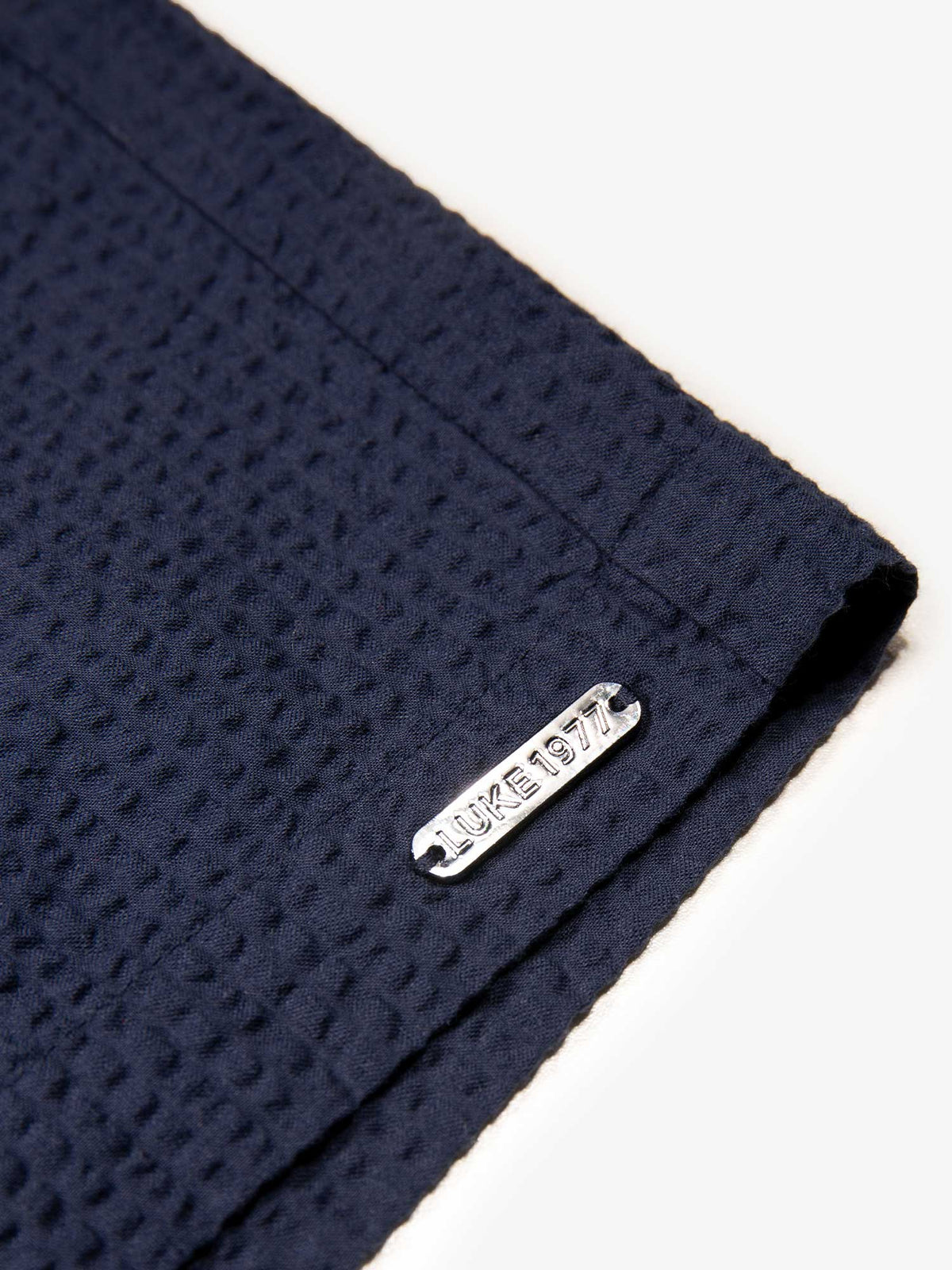 Men's navy shorts with drawstring waistband, detail view 2