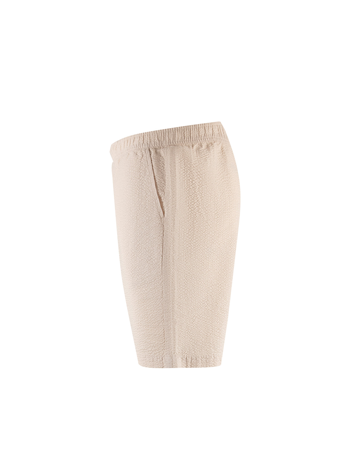Men's beige shorts with drawstring waistband.