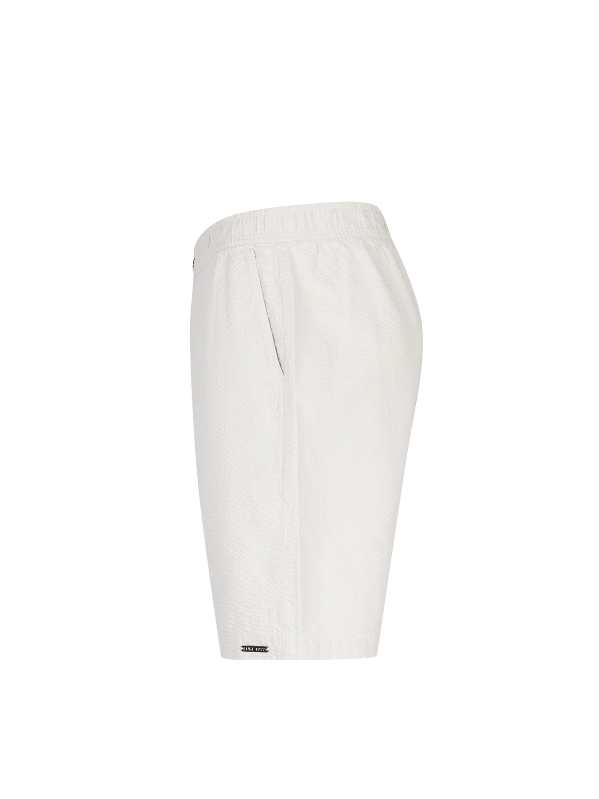Men's grey shorts with drawstring waistband, side view