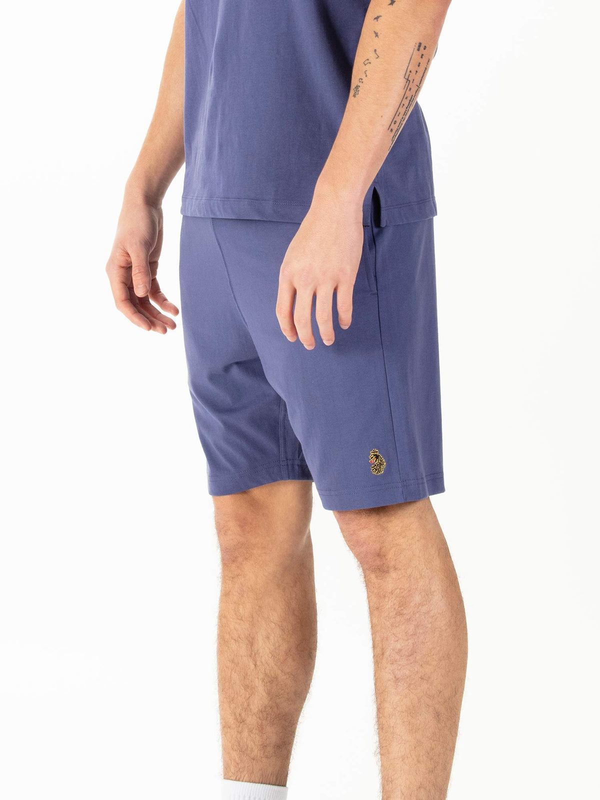 Men's purple shorts with drawstring waistband.