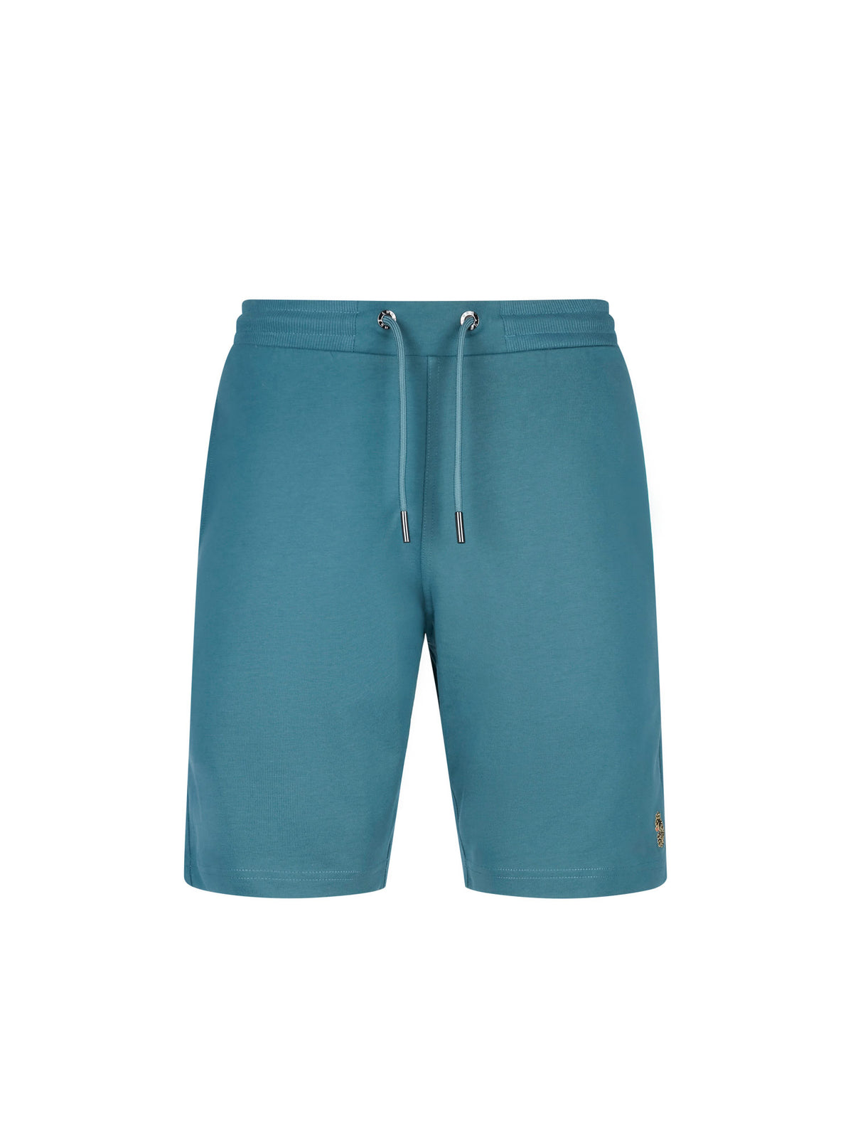 Men's blue short set with short-sleeve shirt and drawstring shorts, front view of the shorts.