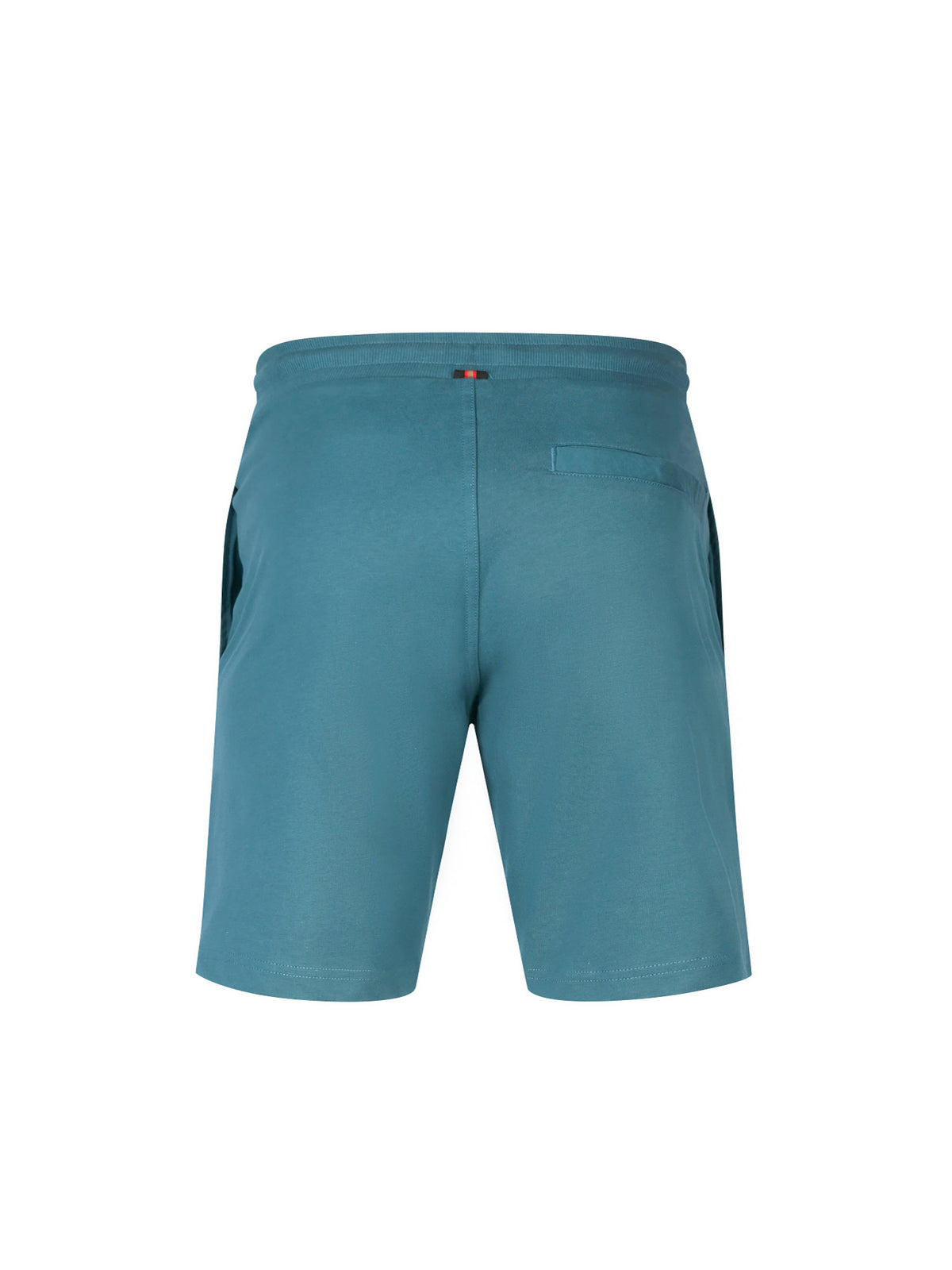 Men's blue short set with short-sleeve shirt and drawstring shorts, back view of the shorts.