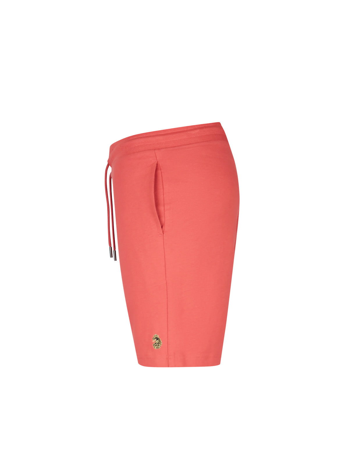 Men's red shorts with drawstring waistband, worn by a model, side view