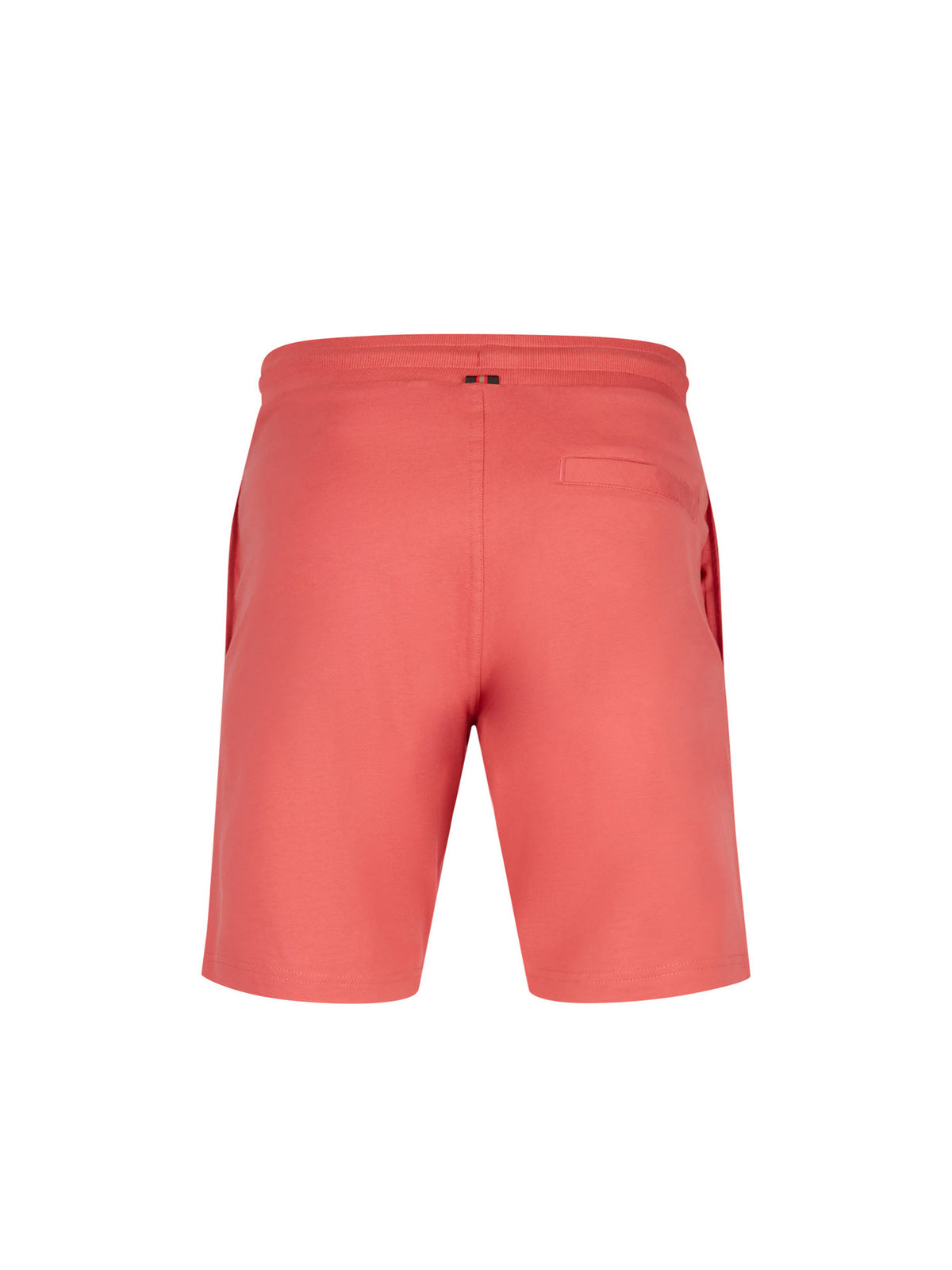 Men's red short set with short-sleeve shirt and drawstring shorts, back view of the shorts.