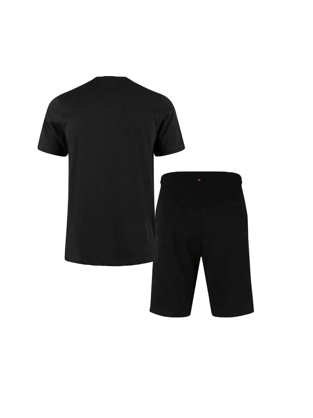 Men's black short set with short-sleeve shirt and drawstring shorts, back view.