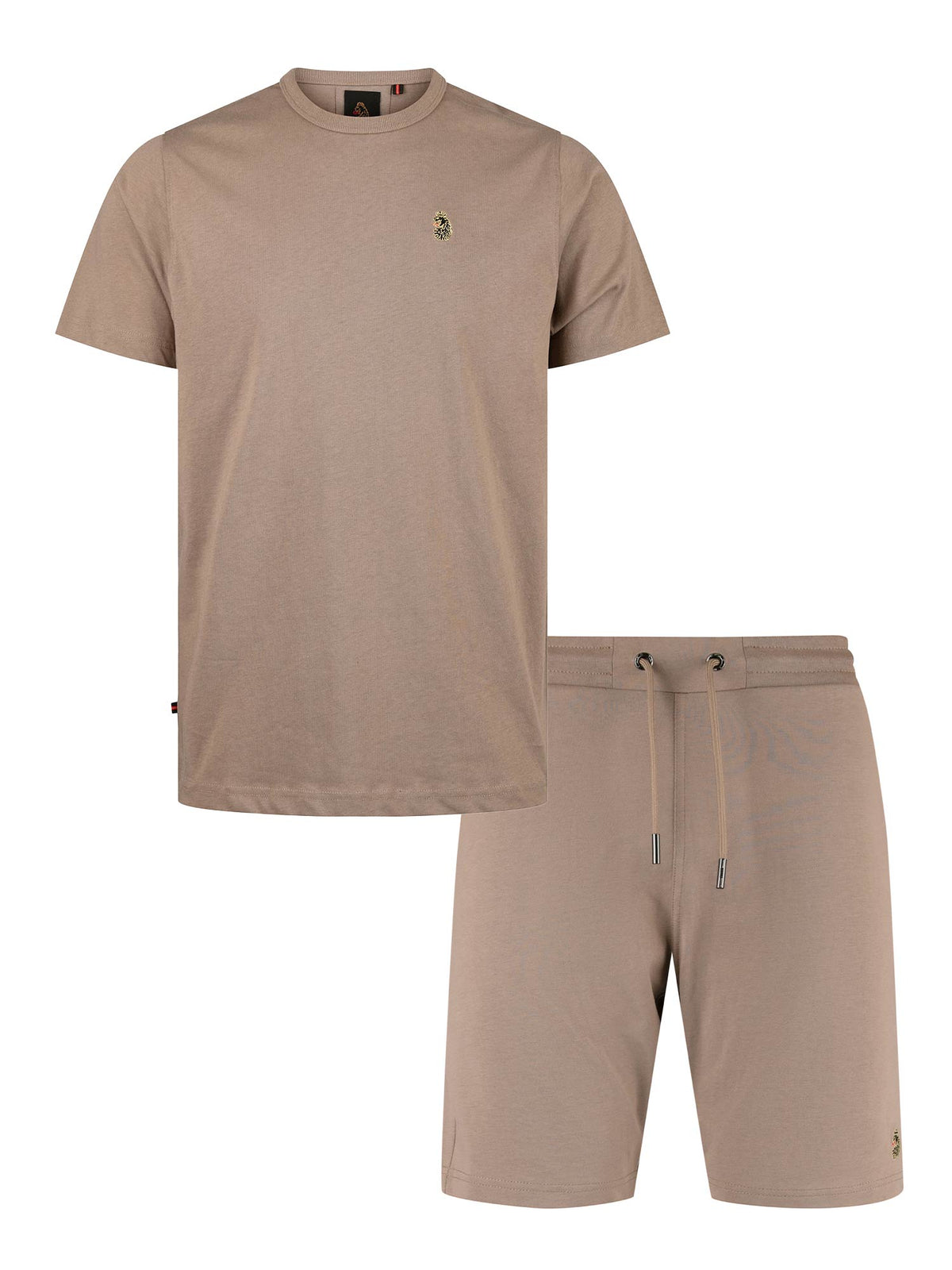 Men's brown short set with short-sleeve shirt and drawstring shorts, front view