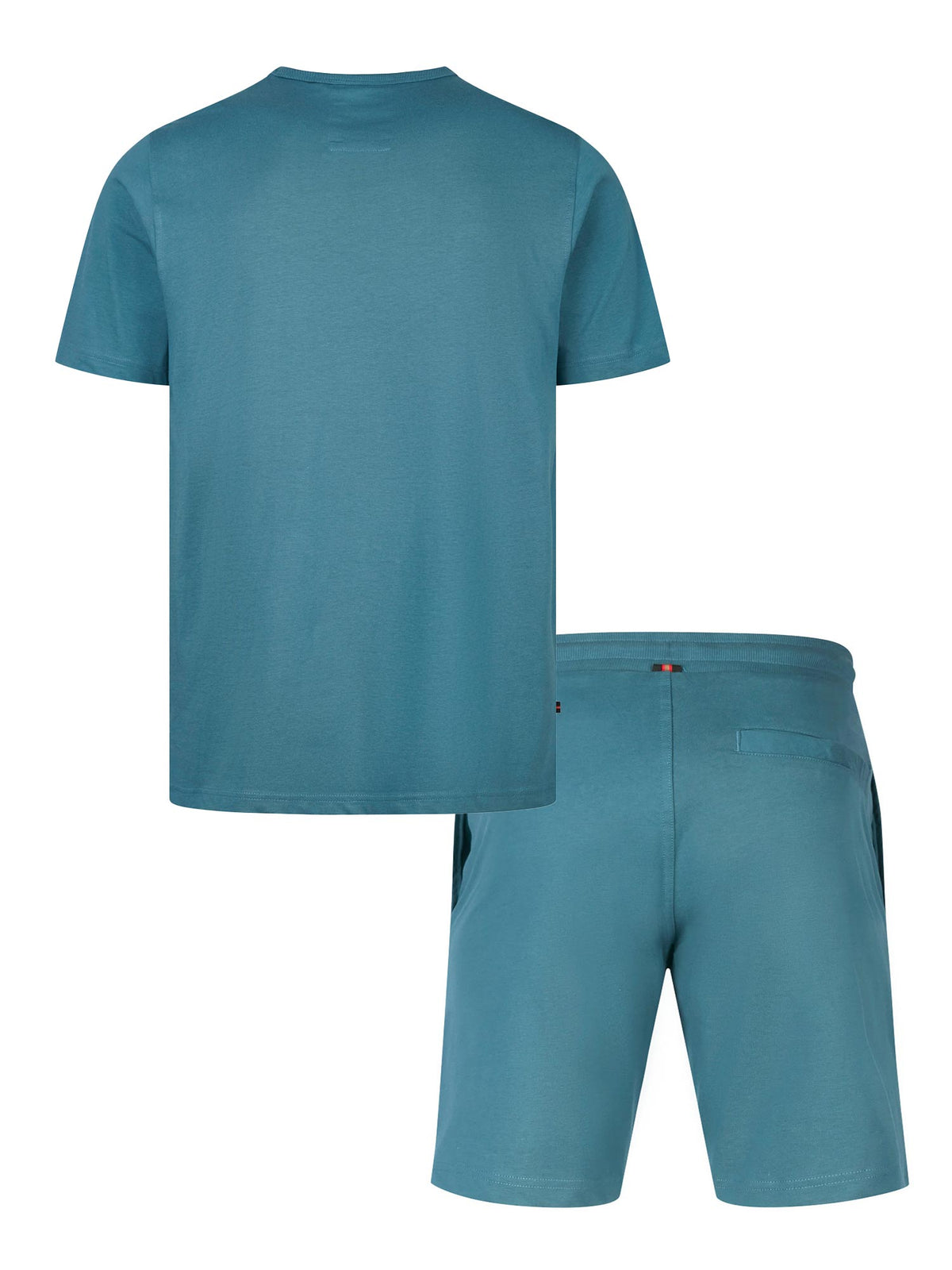 Men's blue short set with short-sleeve shirt and drawstring shorts, back view.