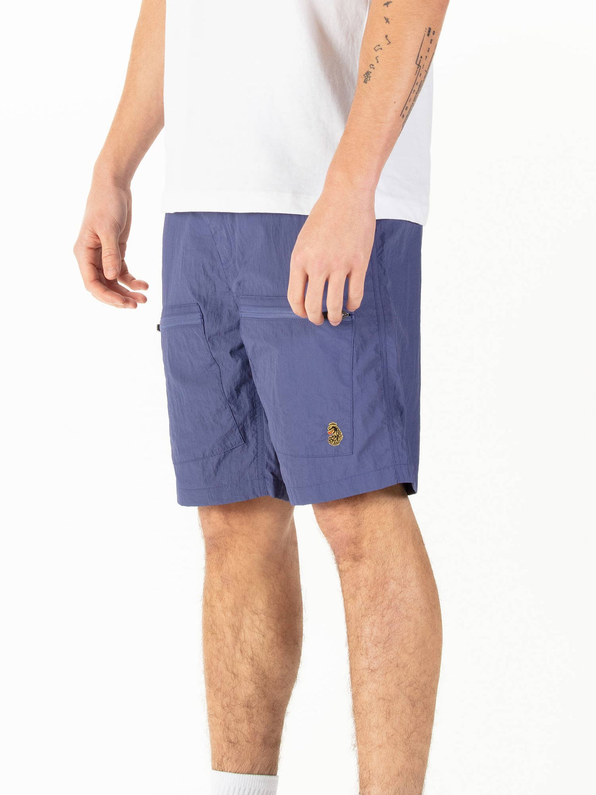 Men's purple shorts with drawstring waistband.