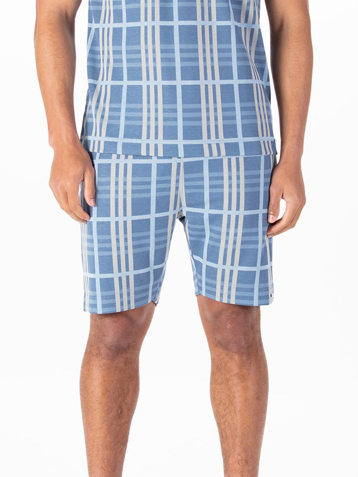 Men's blue shorts with drawstring waistband.