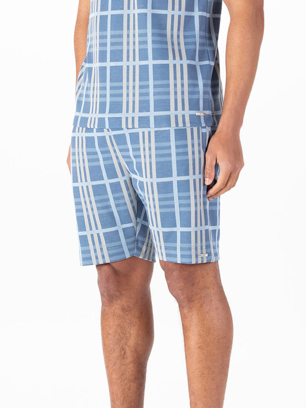 Men's blue shorts with drawstring waistband.