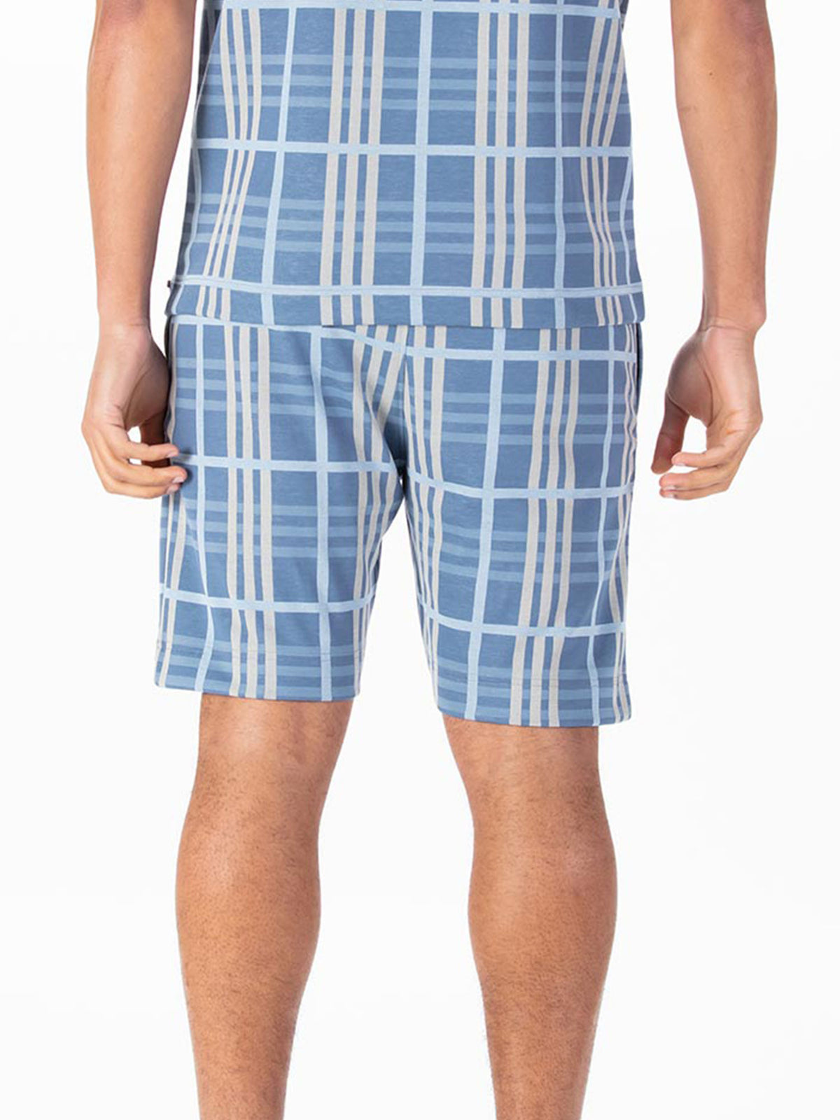 Men's blue shorts with drawstring waistband.