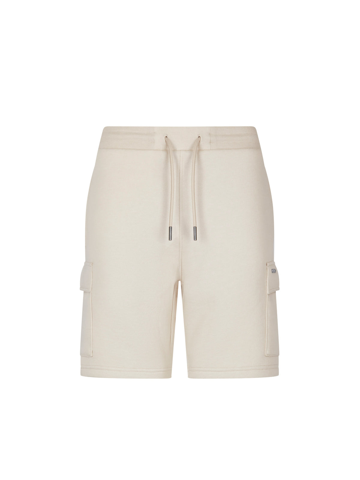 Men's beige shorts with elasticated waistband and cargo pockets, front view