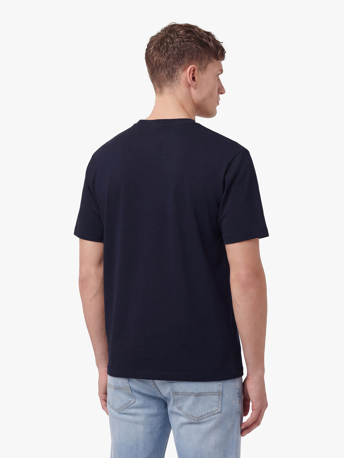 Men's relaxed-fit navy t-shirt with crew neck and short sleeves, back view