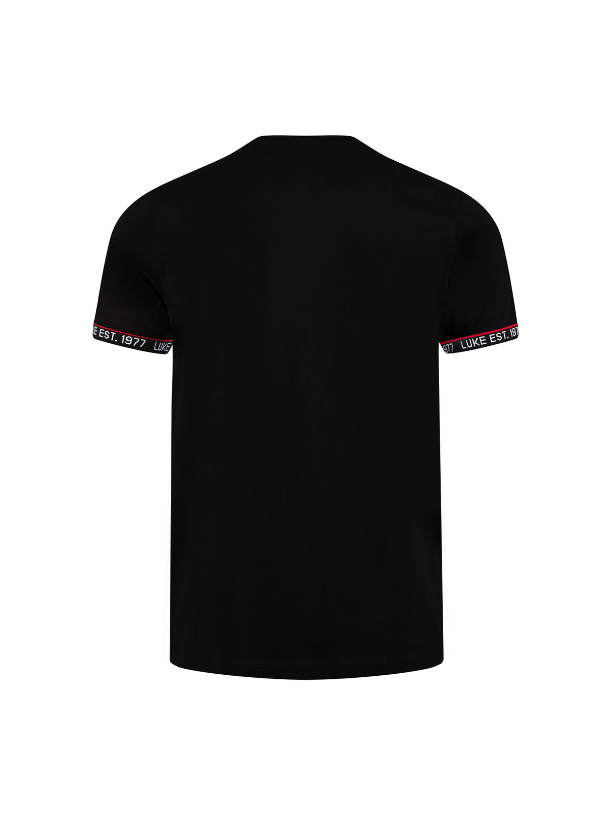 Men's black t-shirt with crew neck and short sleeves, side view
