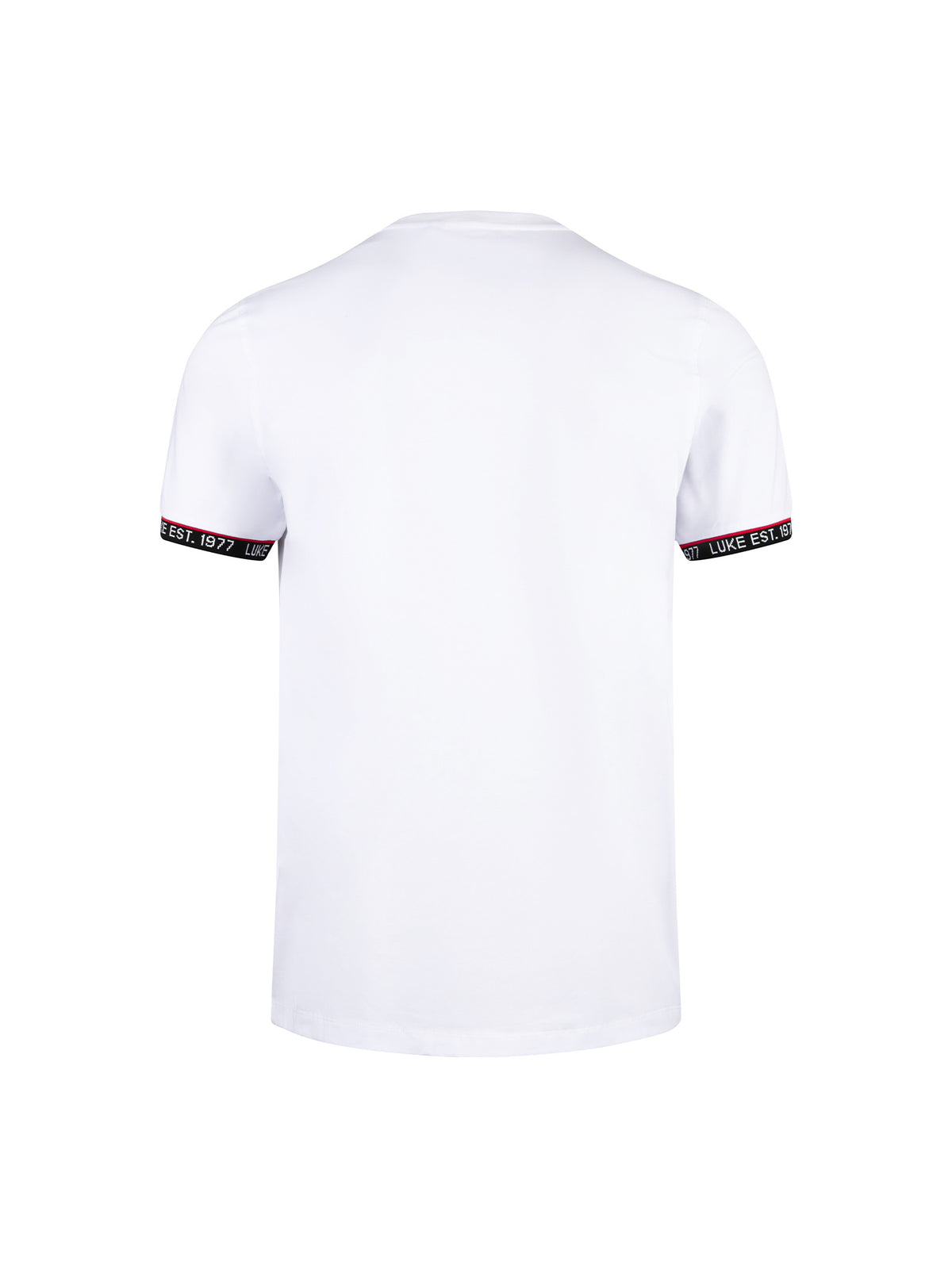 Back of white LUKE 1977 San Diego soft cotton t-shirt with striped cuffs