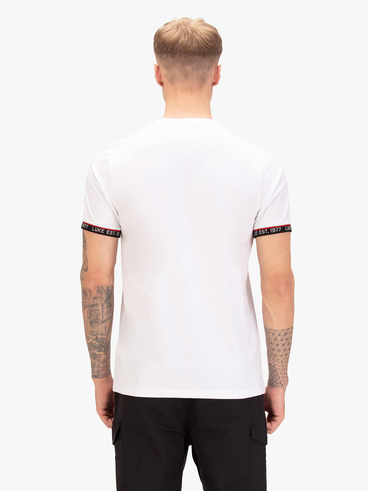 Back view of white LUKE 1977 San Diego soft cotton t-shirt worn by model