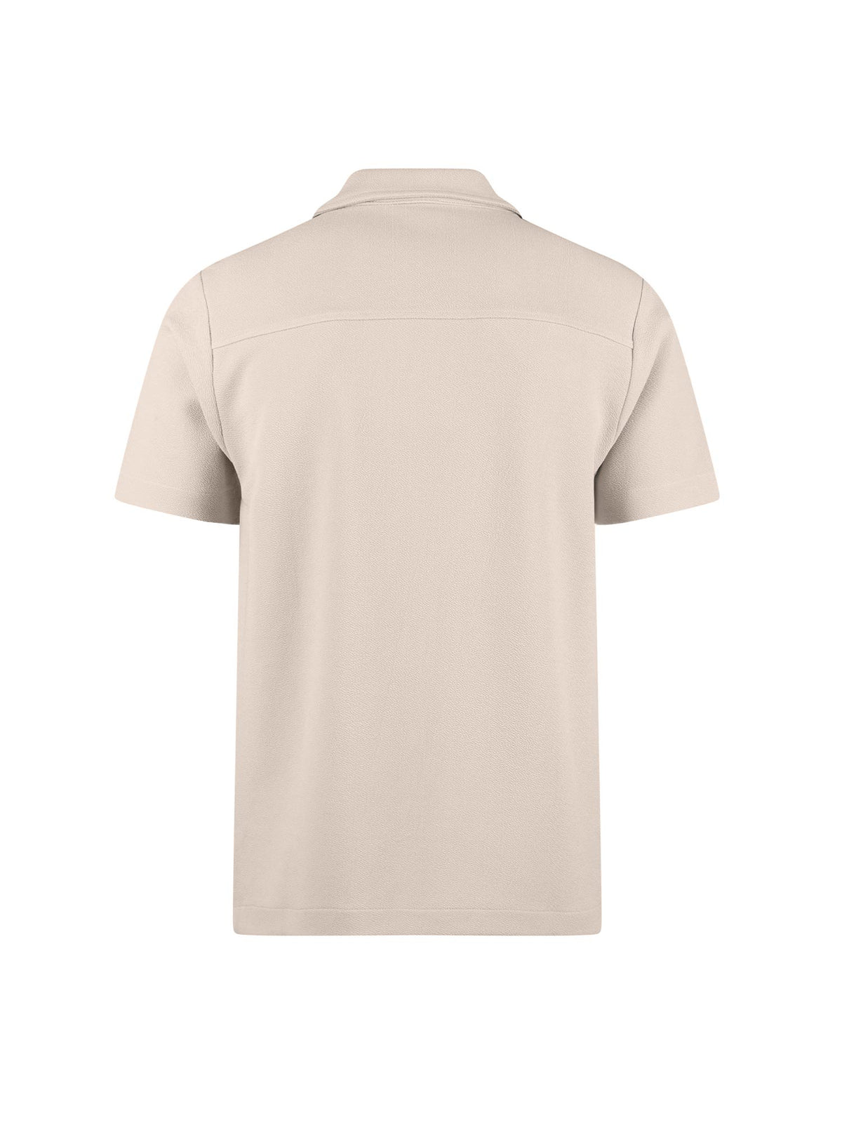 Men's beige shirt with Cuban collar and button-up front, back view
