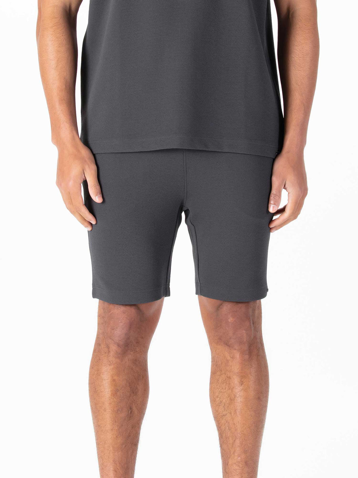 Men's grey shorts with drawstring waistband.