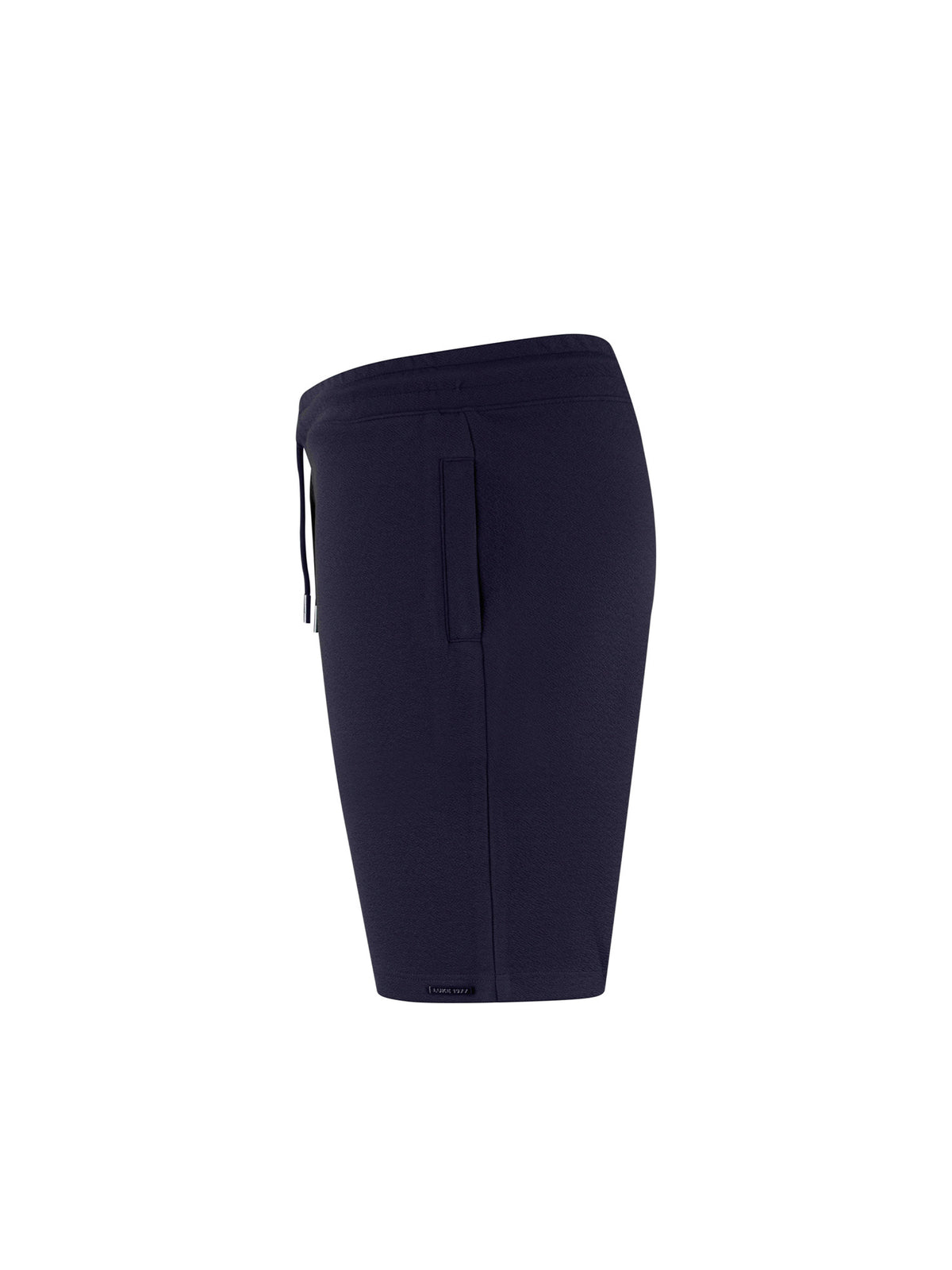 Men's navy shorts with drawstring waistband, side view