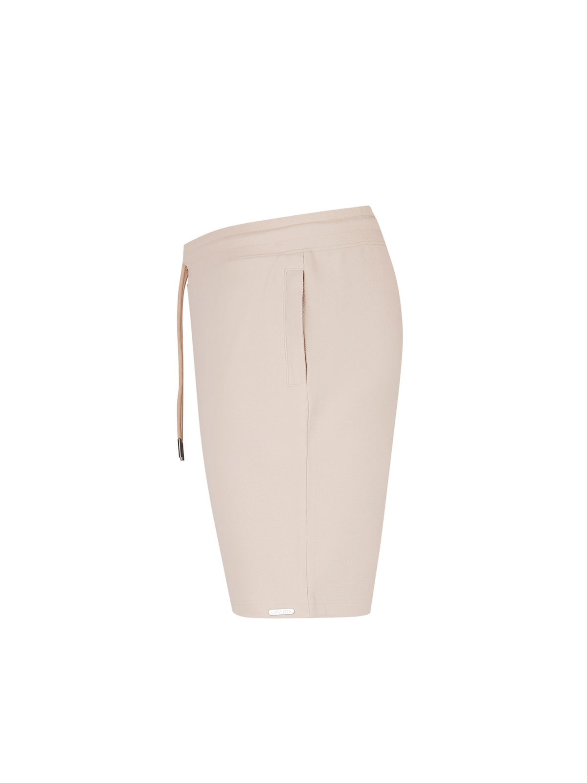 Men's beige shorts with drawstring waistband, side view