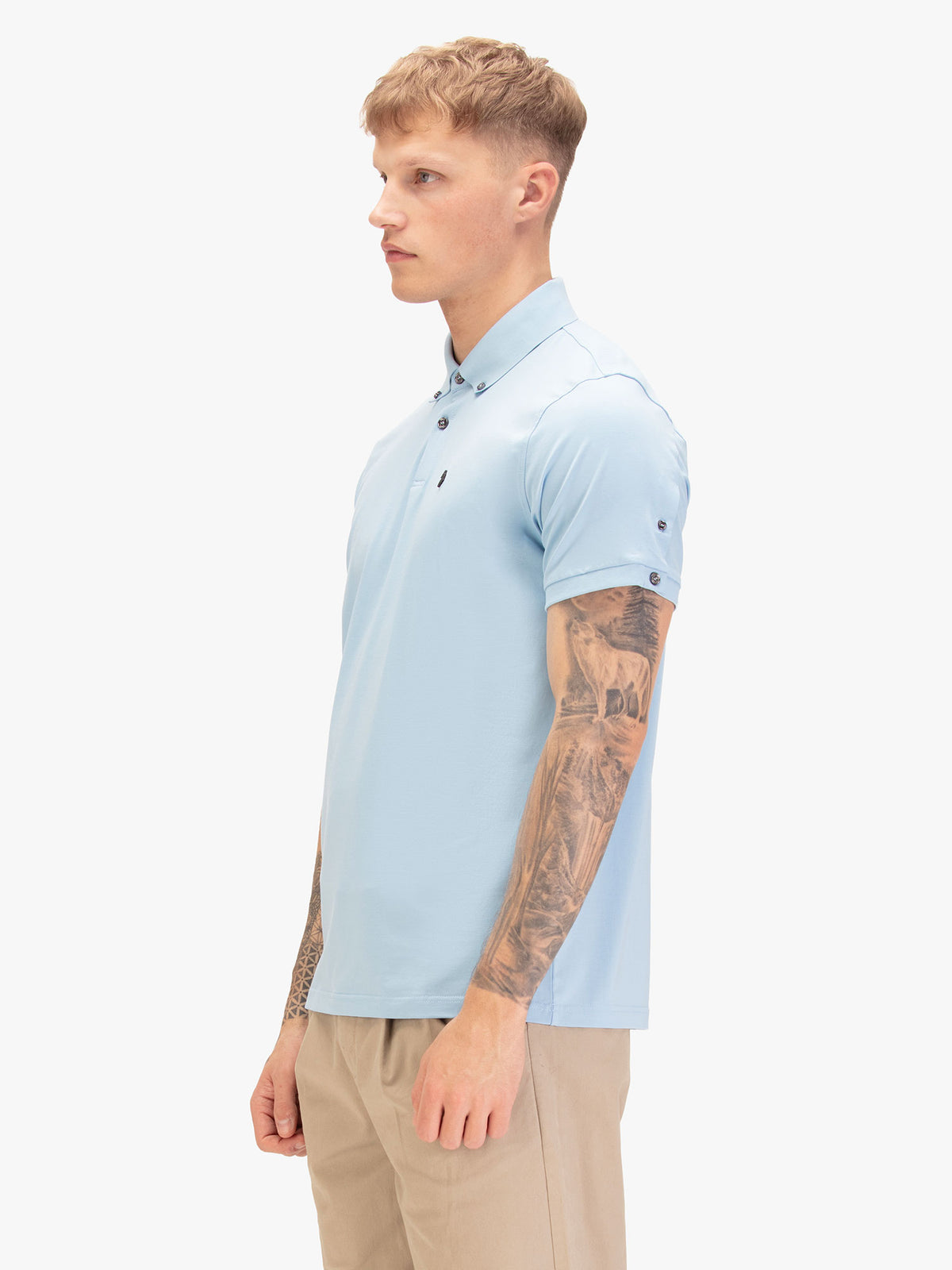 Men's blue polo shirt with polo collar, back view