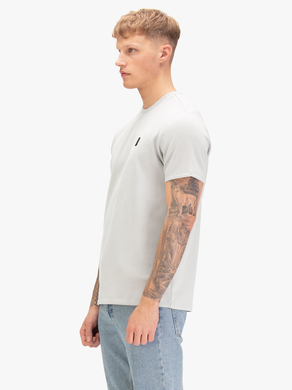 Men's grey t-shirt with crew neck and short sleeves, worn by a model, side view