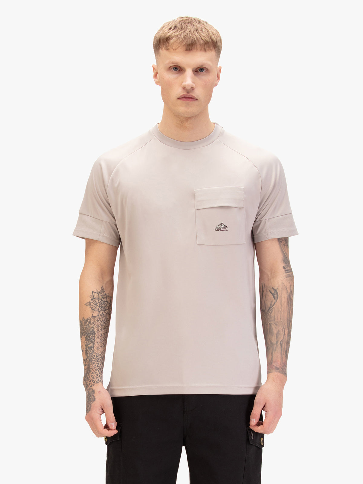 Men's grey t-shirt with crew neck and short sleeves, worn by a model, front view