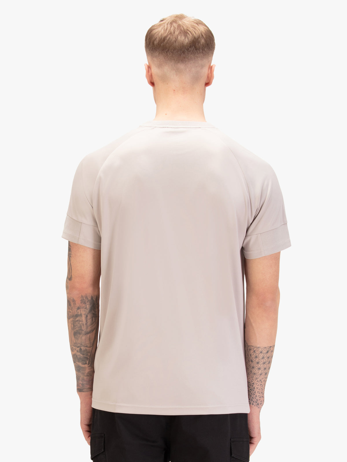 Men's grey t-shirt with crew neck and short sleeves, worn by a model, back view