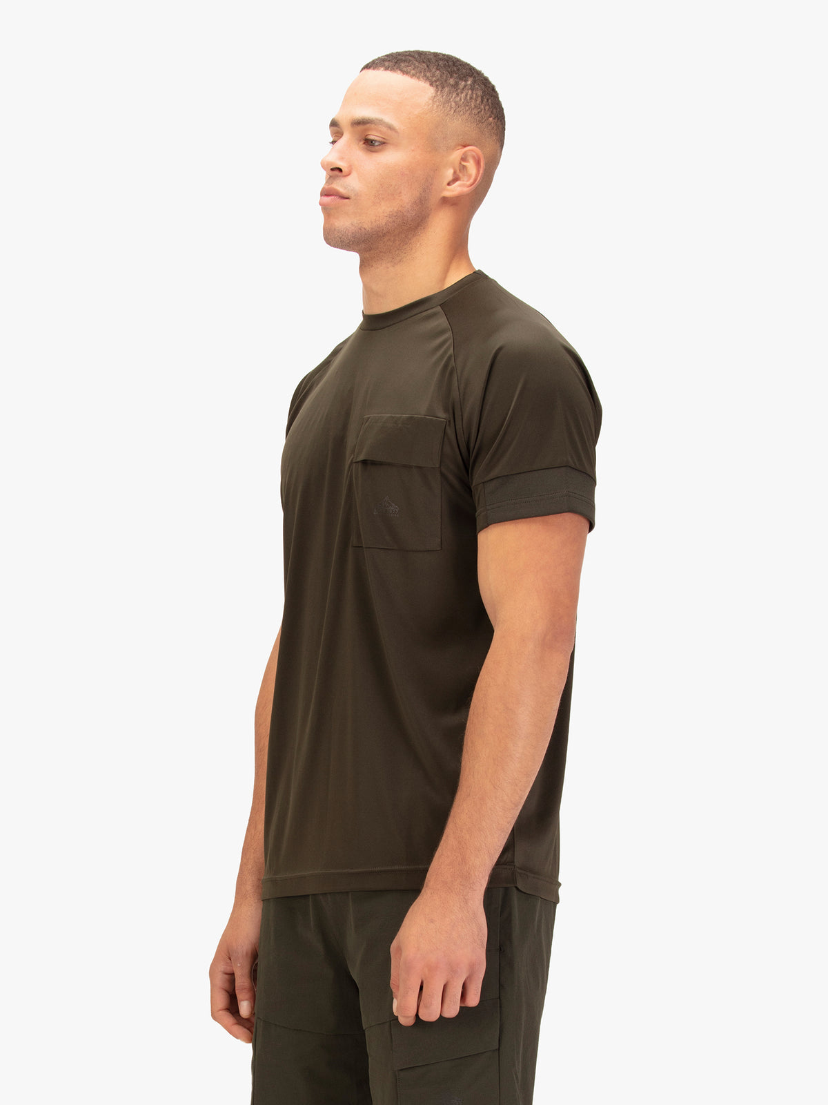 Men's green t-shirt with crew neck and short sleeves, back view