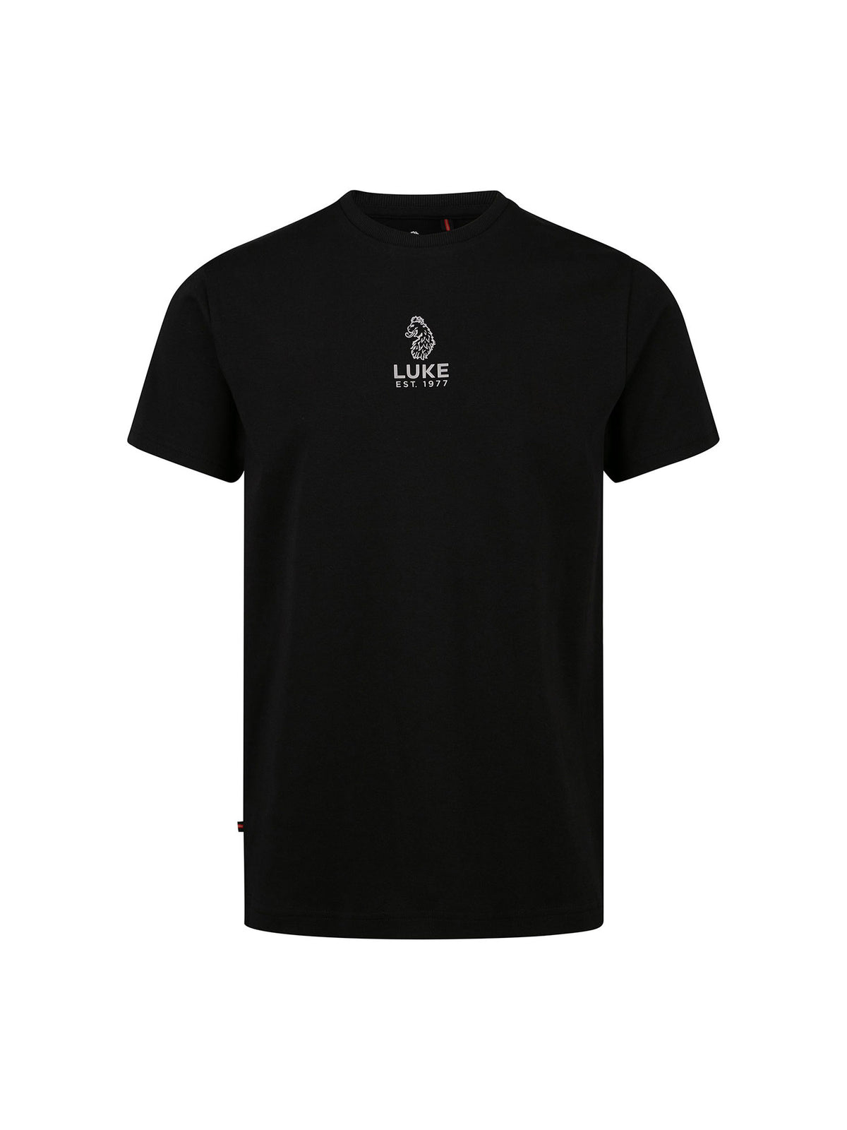 Men's black t-shirt with crew neck and short sleeves - front view.
