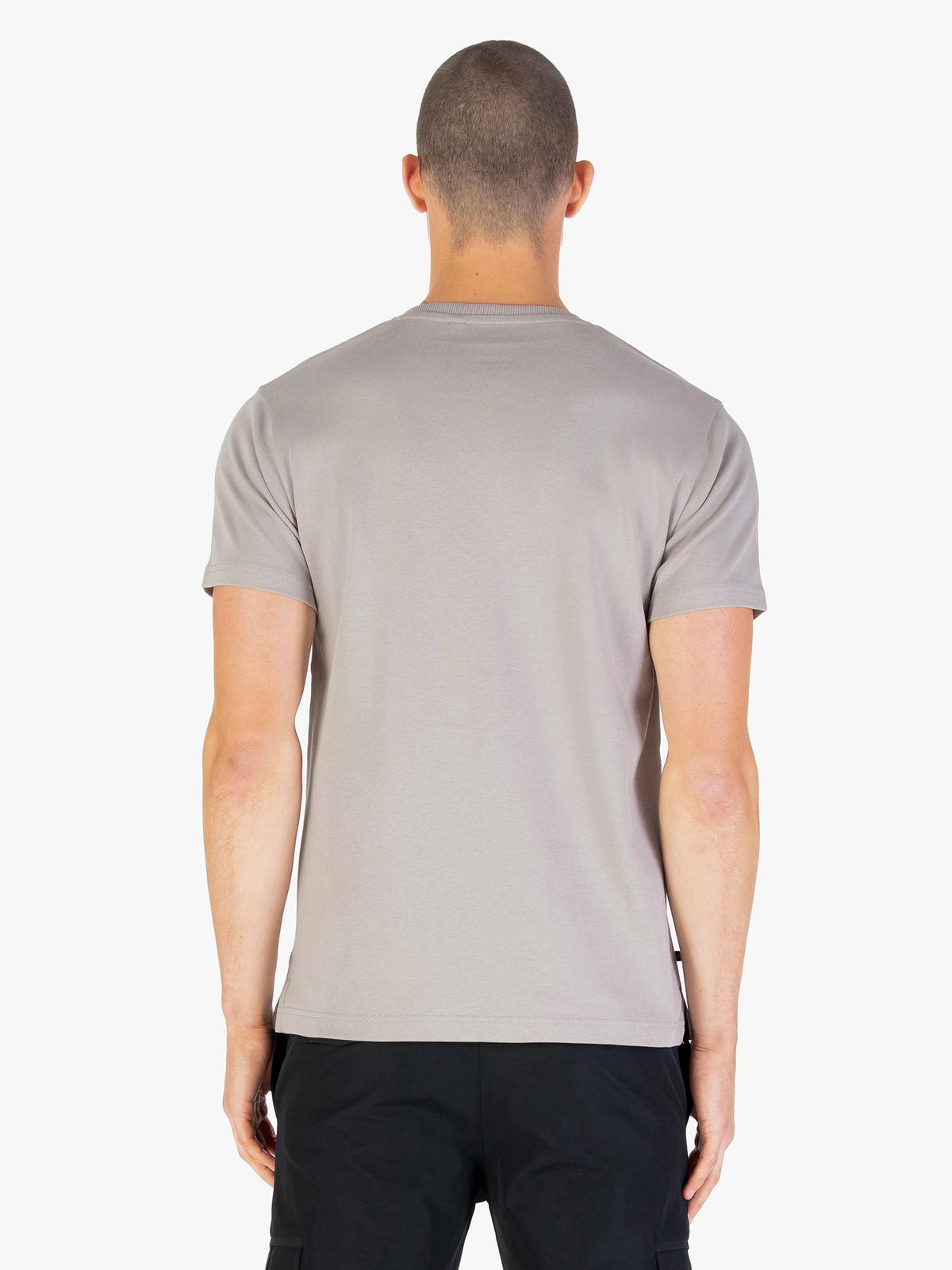 Men's grey t-shirt with crew neck and short sleeves worn by a model - back view.